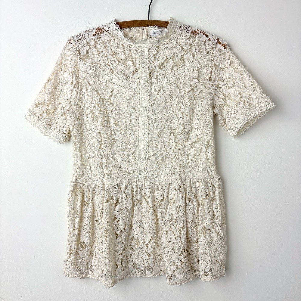 Tobrief Lace‎ Top Womens M Cream Ivory Short Sleeve Peplum Cottage Boho Romantic